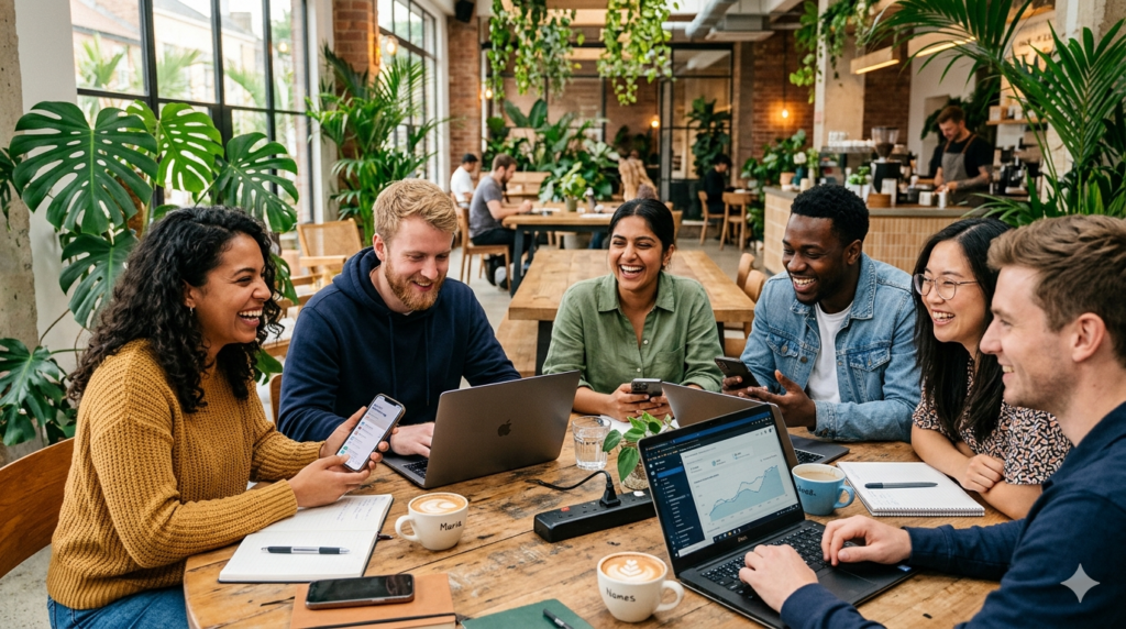 Nomades digitaux utilisant des applications pour se rencontrer dans un espace de coworking