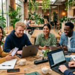 Nomades digitaux utilisant des applications pour se rencontrer dans un espace de coworking