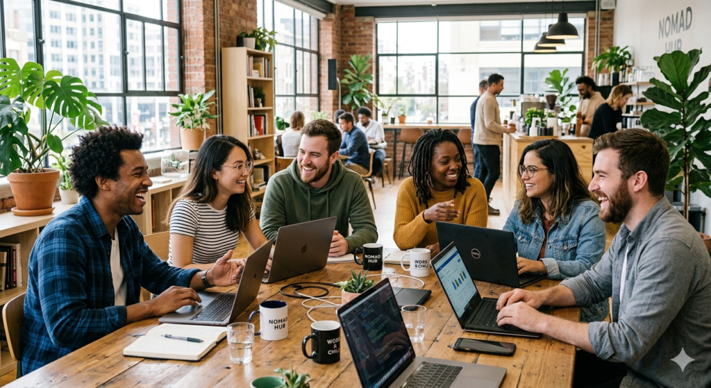 Nomades digitaux se faisant des amis dans un espace de coworking