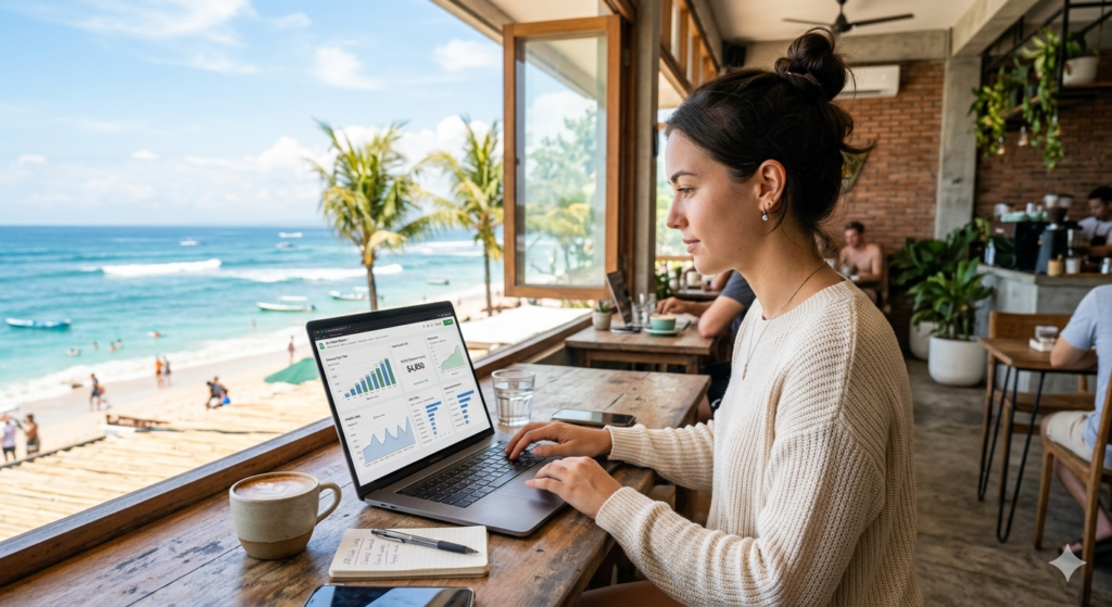 Nomade digital débutant travaillant sur ses idées de revenus passifs depuis un café en bord de mer