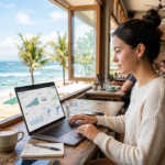 Nomade digital débutant travaillant sur ses idées de revenus passifs depuis un café en bord de mer