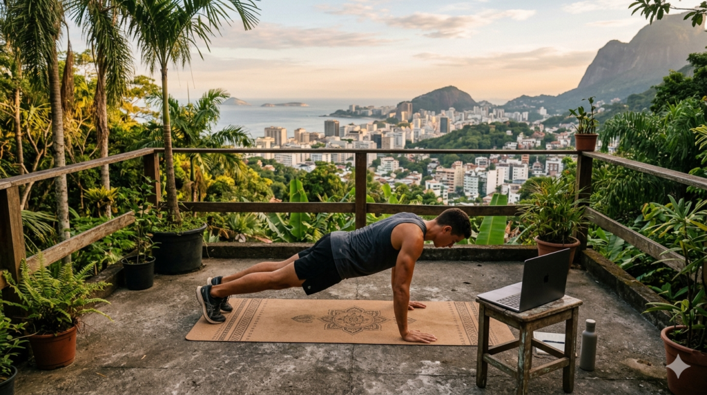 Faire du Sport Sans Matériel en Voyage : Routine Complète 2 Personne faisant du sport sans matériel en voyage sur une terrasse avec vue urbaine