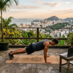 Personne faisant du sport sans matériel en voyage sur une terrasse avec vue urbaine