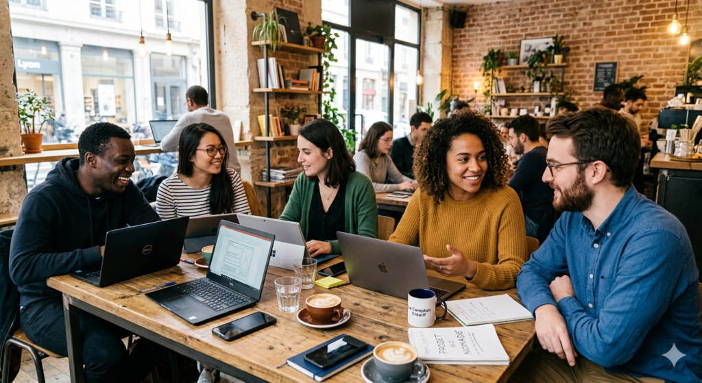 Nomades digitaux francophones travaillant ensemble dans un espace de coworking collaboratif