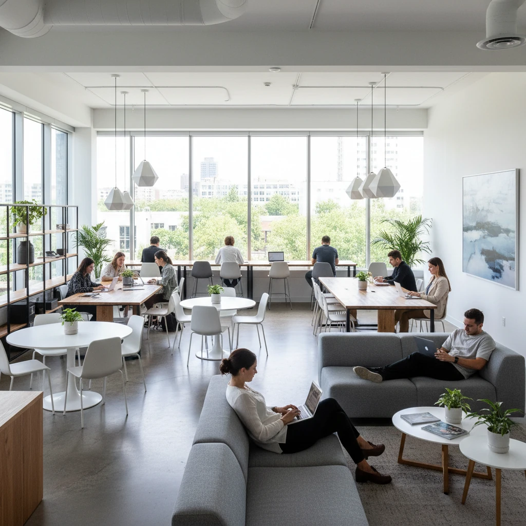 Coworking vs Coliving : Lequel Choisir pour Débuter ? Guide 2026 2 Espace de coworking moderne avec bureaux partagés et professionnels travaillant sur ordinateurs portables