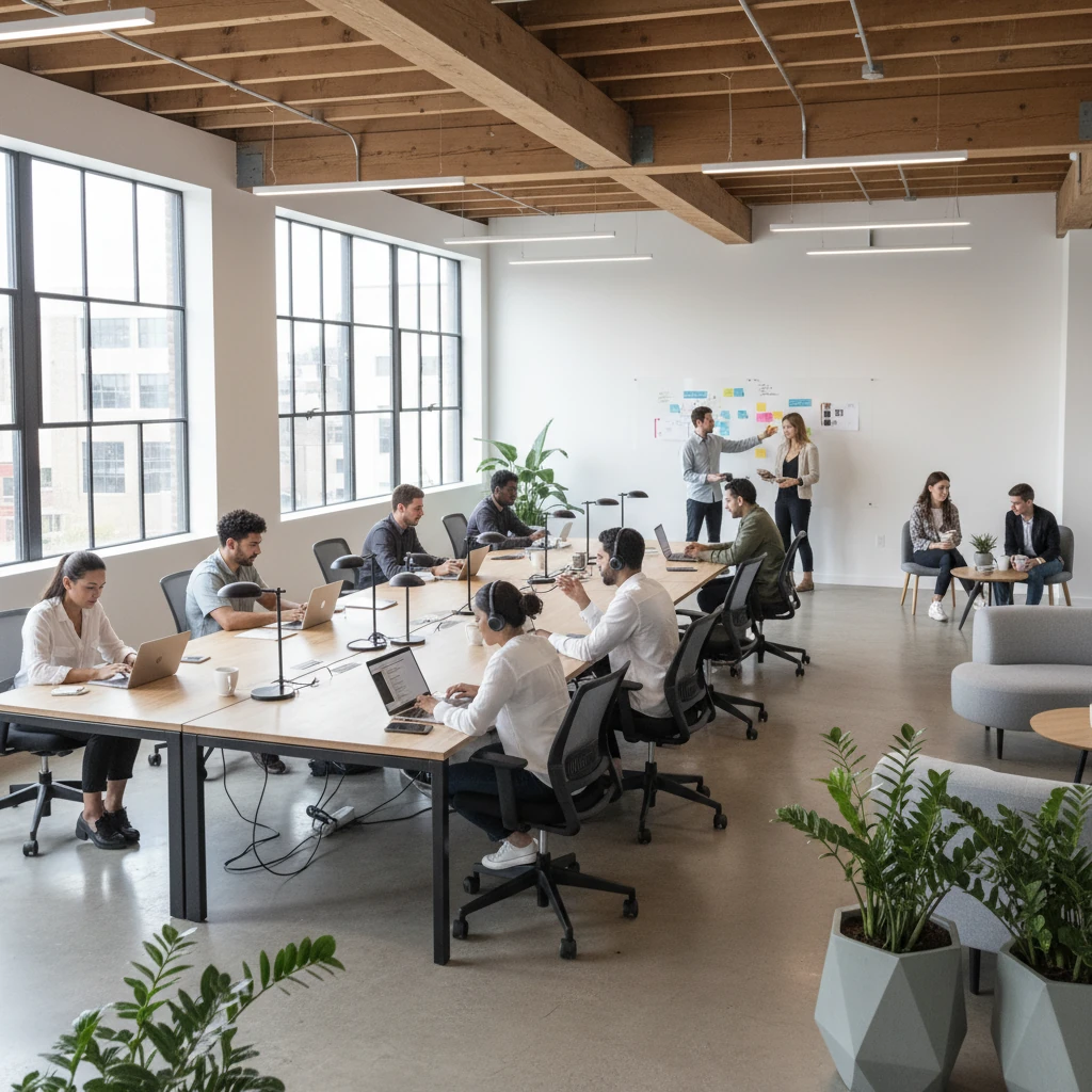 Espace de coworking moderne avec nomades numériques travaillant sur ordinateurs portables dans un environnement collaboratif