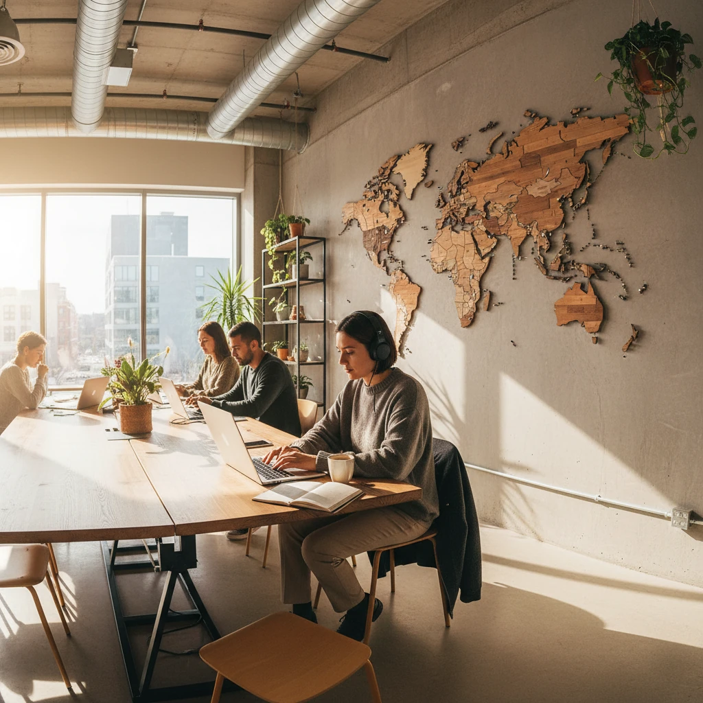 Budget Mensuel Nomade Digital : 5 Exemples Détaillés par Pays 2 Nomade digital travaillant sur ordinateur portable dans un espace de coworking moderne avec carte du monde