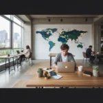Budget Mensuel Nomade Digital : 5 Pays Décryptés (2026) 5 Nomade digital travaillant sur ordinateur portable dans un espace de coworking moderne avec carte du monde