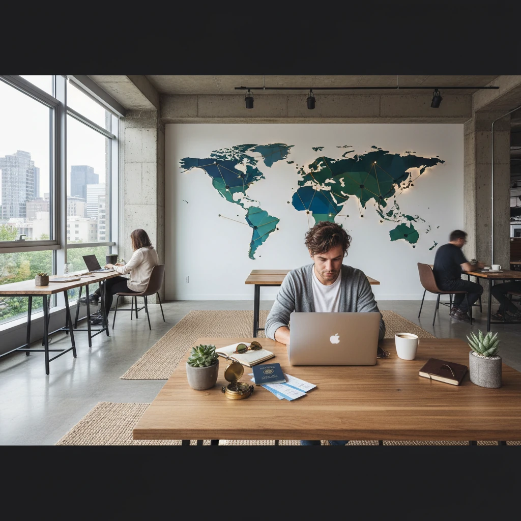 Nomade digital travaillant sur ordinateur portable dans un espace de coworking moderne avec carte du monde