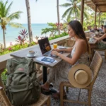 Nomade numérique travaillant sur ordinateur portable en voyage, illustrant le besoin d'assurance santé internationale