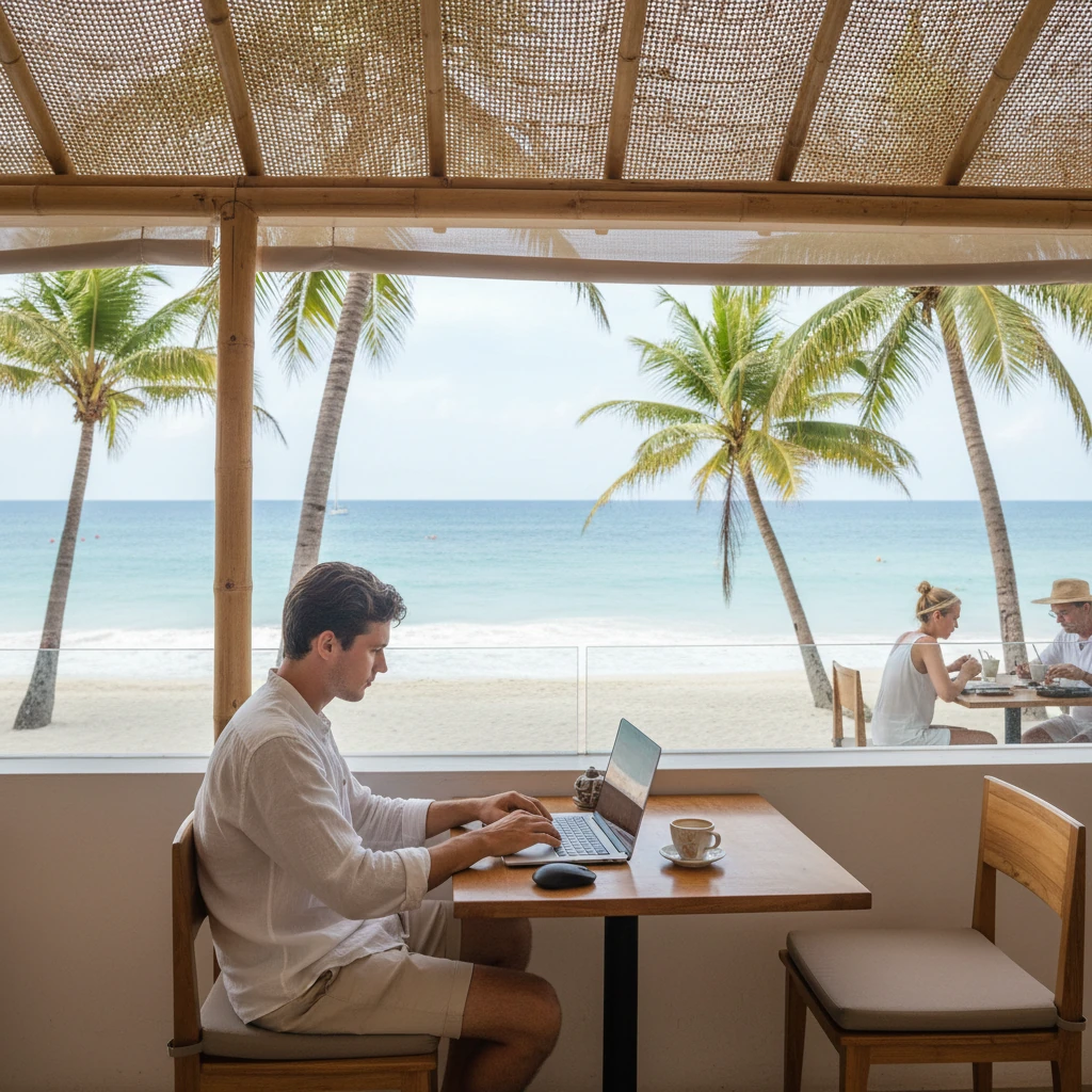 Gagner de l'Argent avec l'Affiliation Nomade : Guide 2026 2 Nomade numérique travaillant sur ordinateur portable dans un café en bord de mer, illustrant le travail en ligne