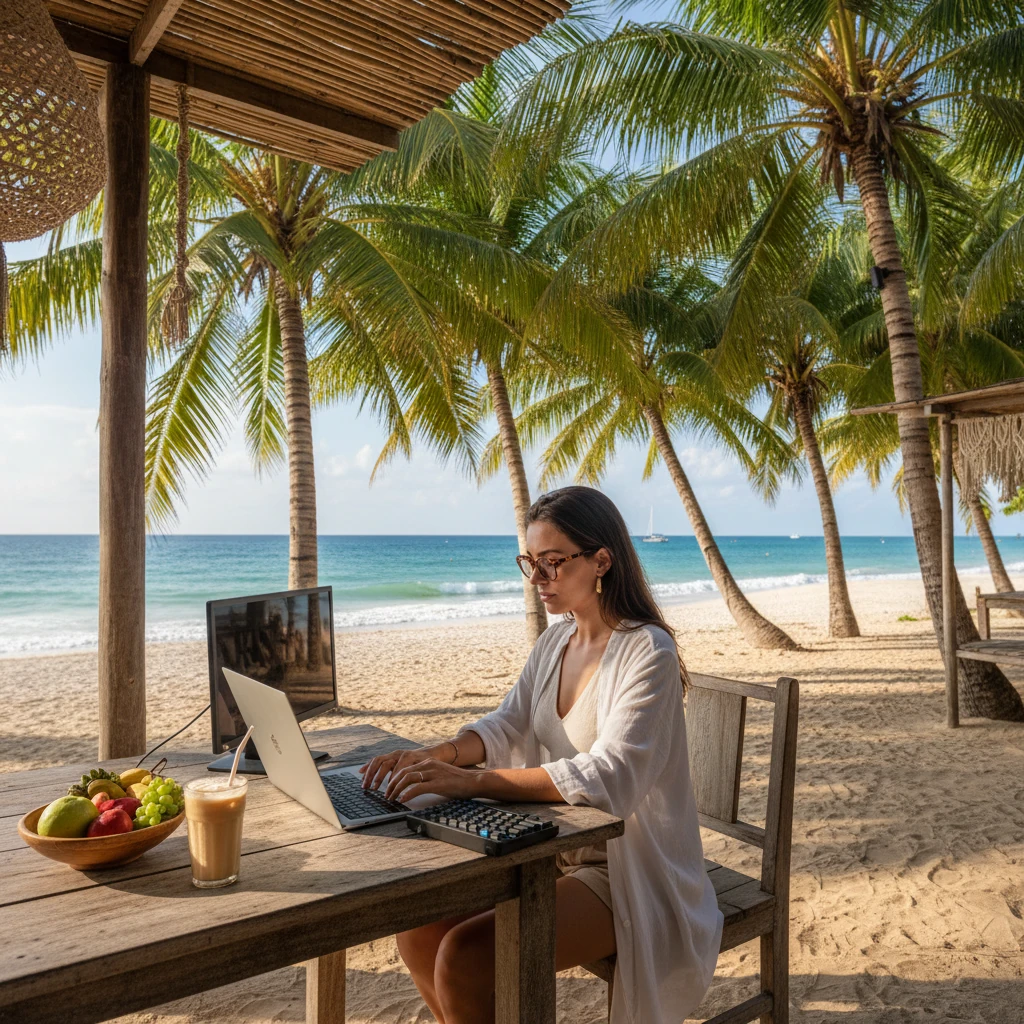 Nomade numérique travaillant sur ordinateur portable dans un café en bord de mer, illustrant le travail à distance