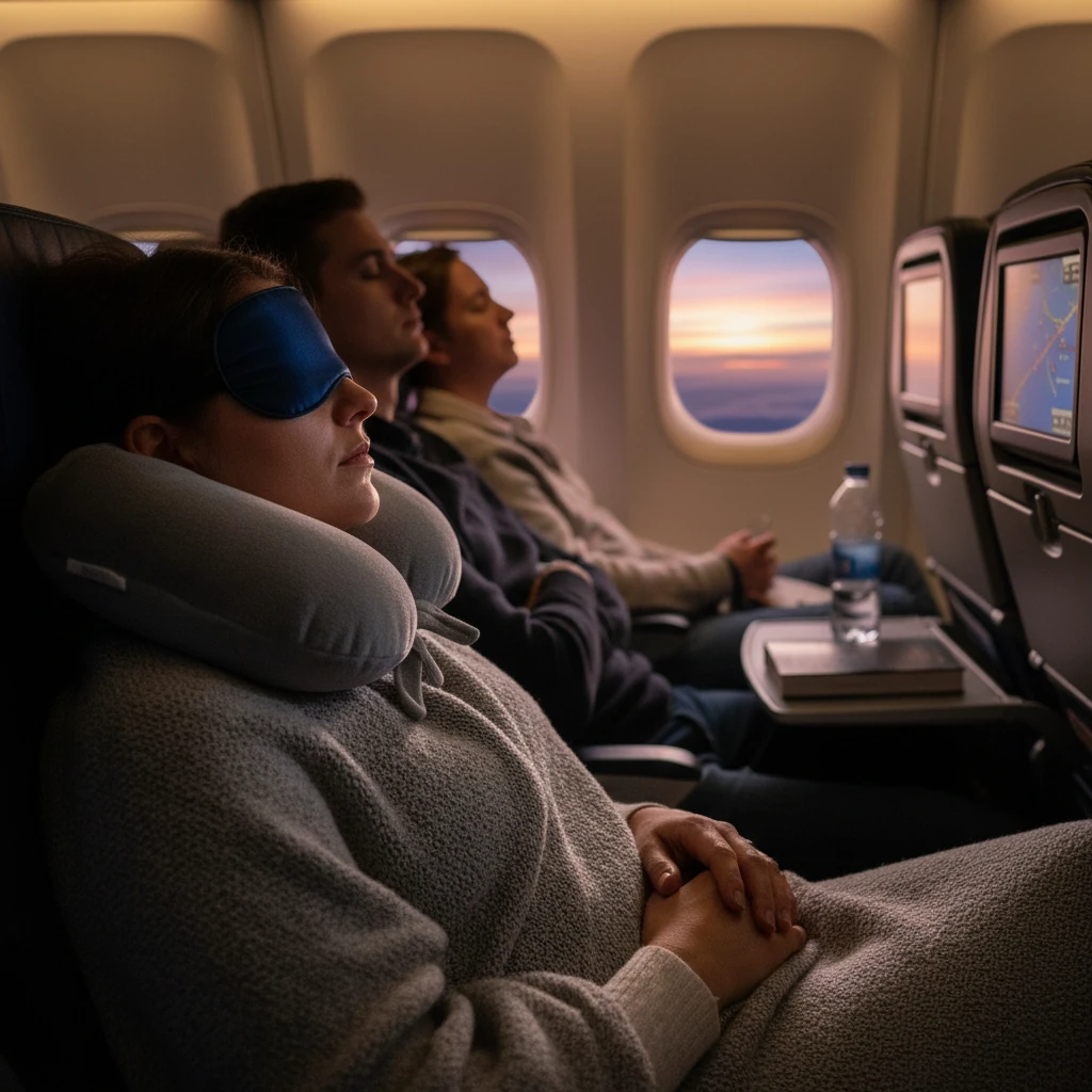 Comment Bien Dormir en Voyage Malgré les Changements de Fuseau 2 Passager dormant paisiblement dans un avion avec masque de sommeil et coussin cervical lors d'un vol long-courrier