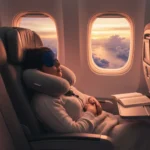 Comment Bien Dormir en Voyage Malgré les Changements de Fuseau 2 Voyageur dormant paisiblement dans un avion avec masque de sommeil et coussin cervical, lumière tamisée