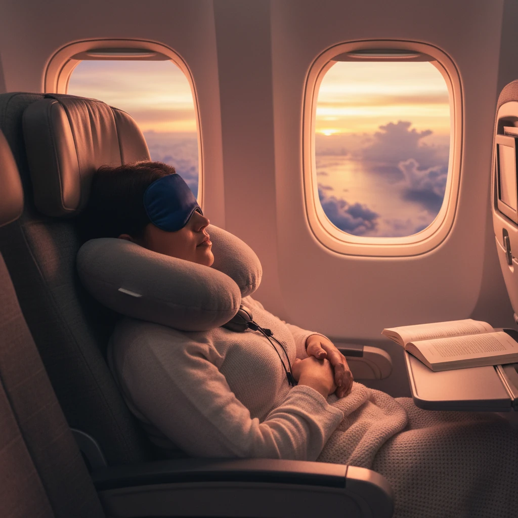 Comment Bien Dormir en Voyage Malgré les Changements de Fuseau 1 Voyageur dormant paisiblement dans un avion avec masque de sommeil et coussin cervical, lumière tamisée