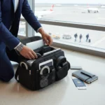 Voyageur d'affaires rangeant soigneusement son ordinateur portable dans une sacoche de protection rembourrée
