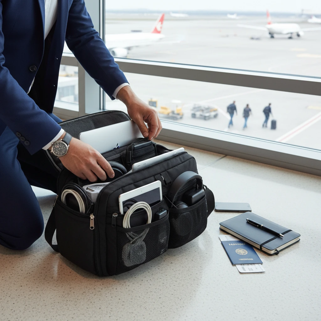 Voyageur d'affaires rangeant soigneusement son ordinateur portable dans une sacoche de protection rembourrée